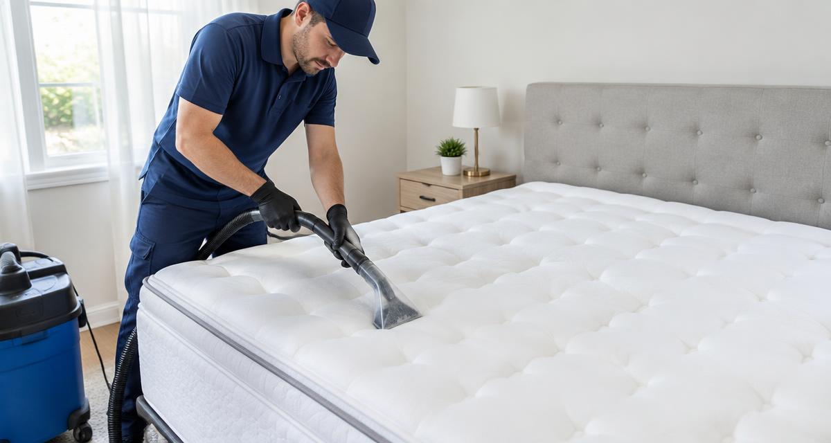 Técnico a limpar um colchão branco com máquina de extração num quarto