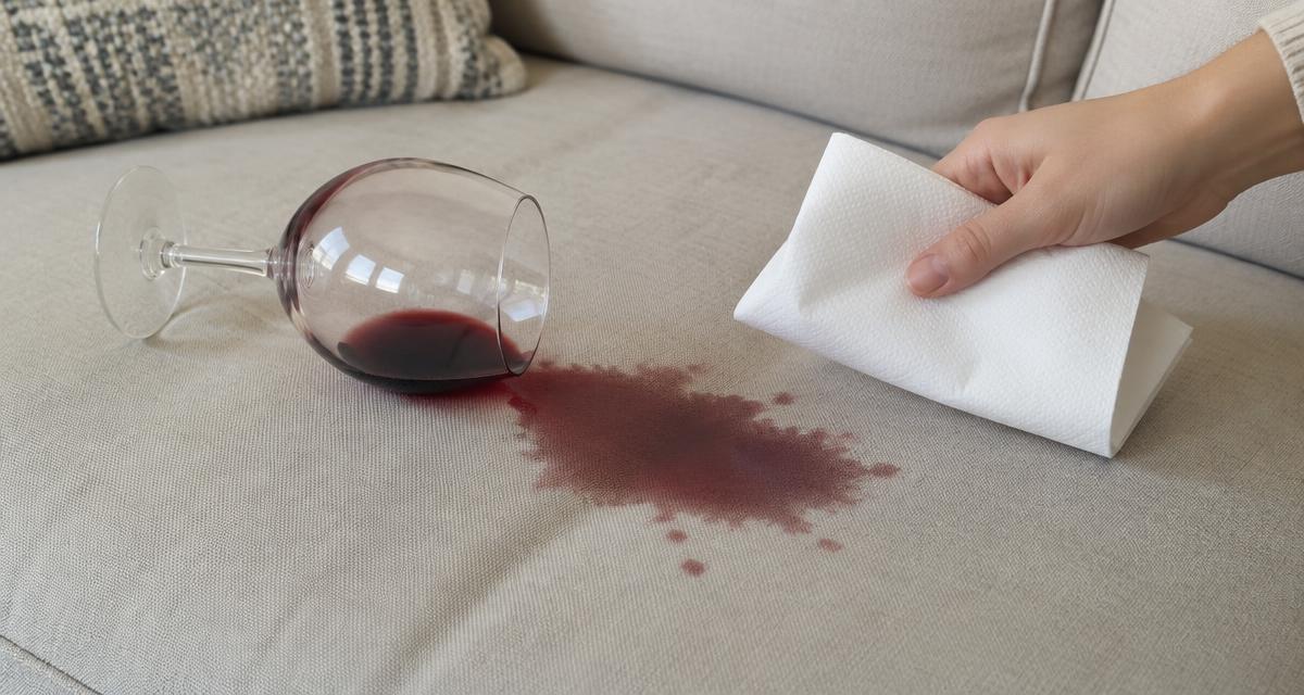 Copo de vinho tinto entornado num sofá claro e mão com papel de cozinha para absorver