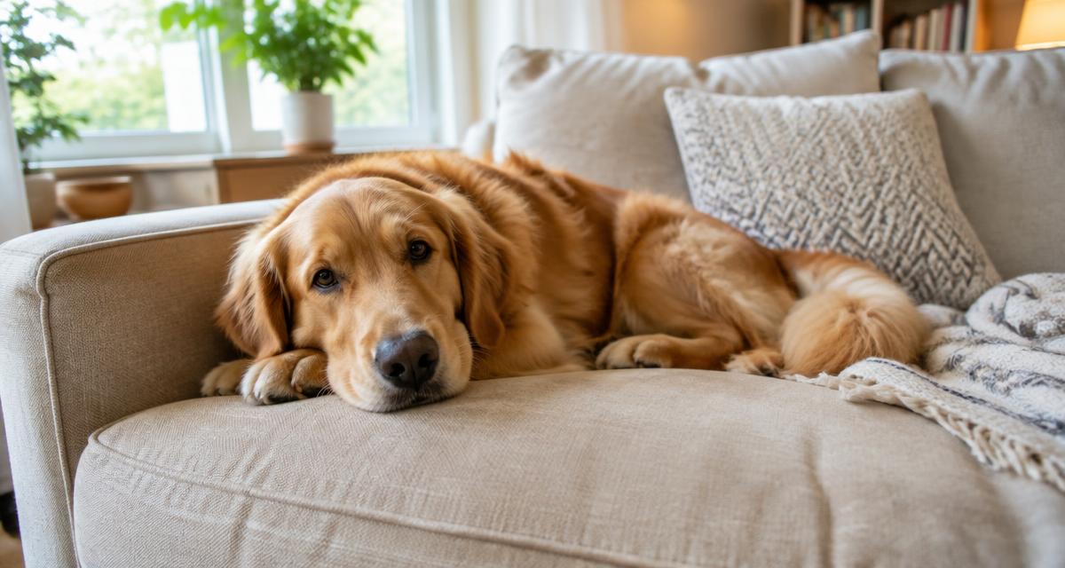 Cão deitado num sofá bege de tecido numa sala de estar